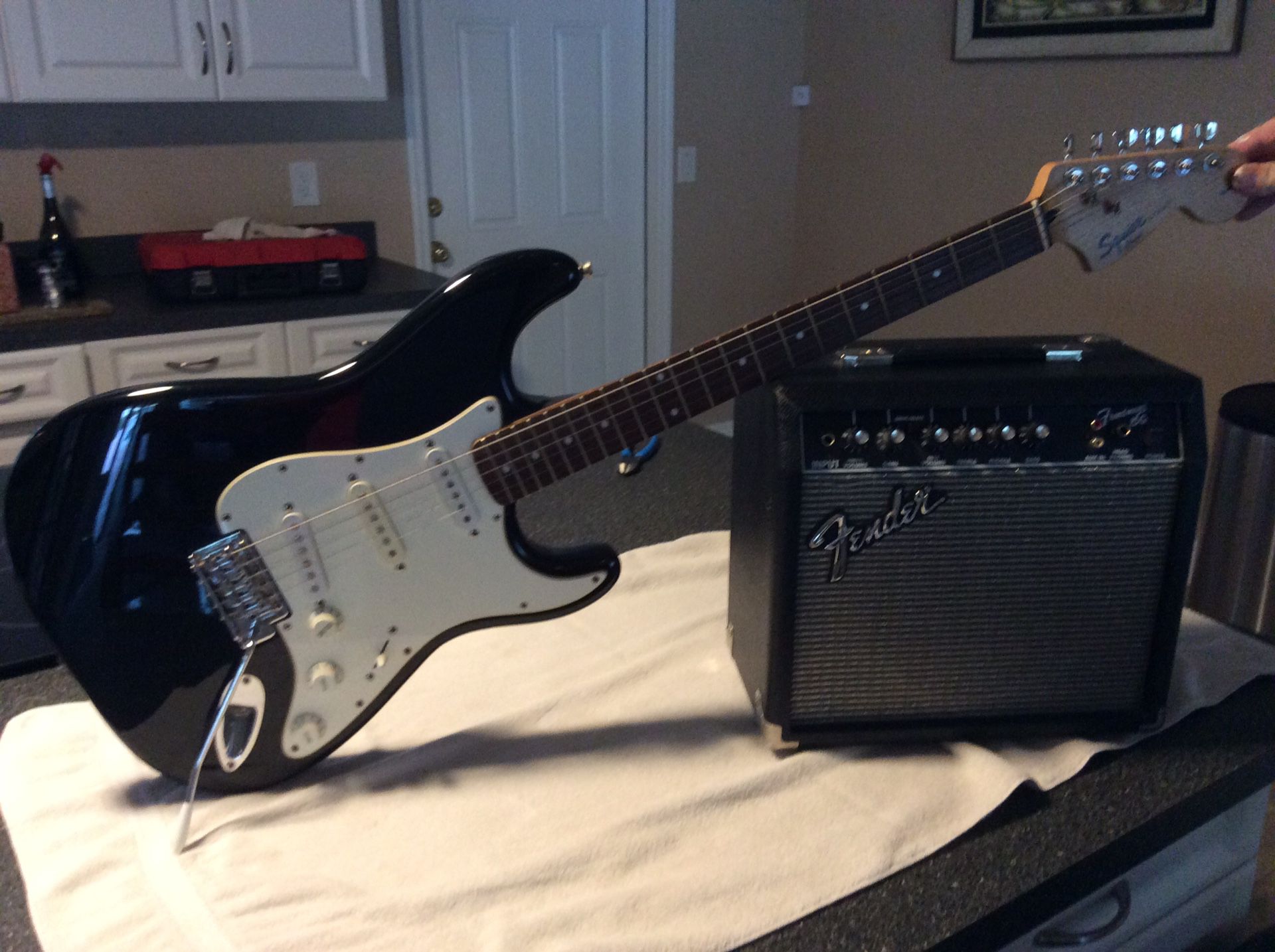 Fender Squier Strat Guitar and Fender Frontman 15G Amp