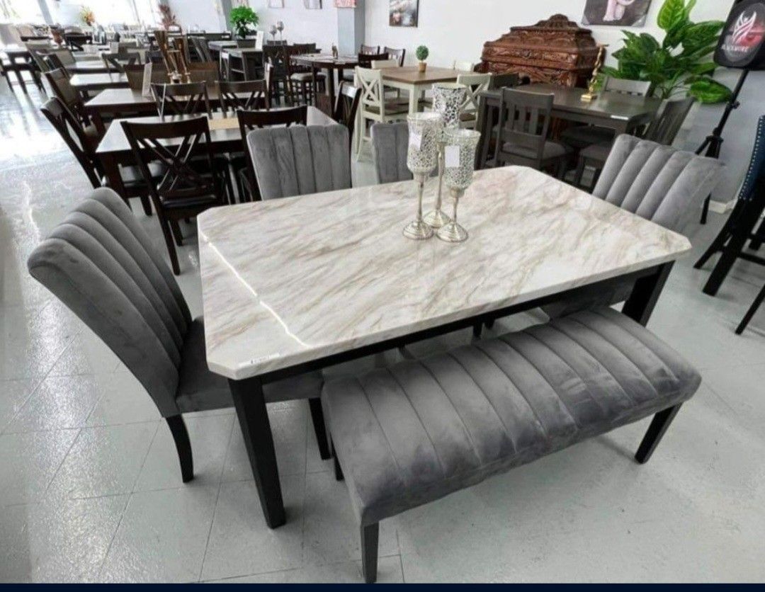 ✅️✅️ 5 pc Pascal black wood finish faux marble top dining table set grey fabric (Bench not included)✅️✅️