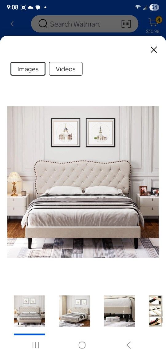 Homfa Queen Size Bed Frame, Linen Upholstered Platform Bed with Button Tufted Adjustable Headboard for Bedroom, Beige
