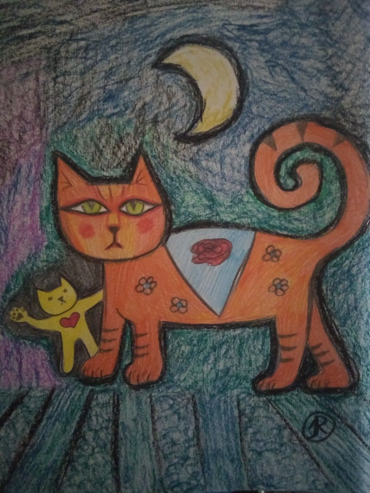 Doodle abstract cats art, oil pastels mixed media hand drawn original art
