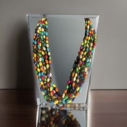 Artisan Handknotted Wood Torsade Necklace Multicolor Beaded Jewelry 25 in  Bali