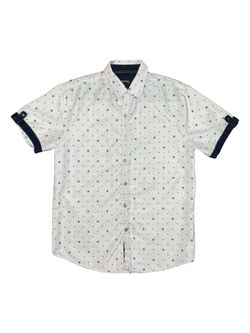 Vertical Sport Pattern Button Up Shirt White Navy Large