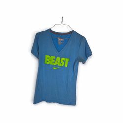 Nike Dri-FIT Beast Graphic V-Neck T-Shirt Blue Neon Green Slim Fit Medium