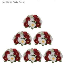 BLOSMON Flower Balls Wedding Centerpieces: 6pc 11.8 Inch Burgundy White Artificial Rose Baby Breath Floral Arrangement Table Decoration Easy Use Silk 