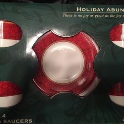 NIB Hallmark HOLIDAY FINE CHINA SET OF 4 BURGUNDY CUPS & SAUCERS BY SAKURA
