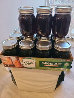 Honey in 12 pint-sized Ball smooth jars