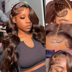 28inch Human Hair Wig. Pre Plucked lace Front. Chocolate Brown 180 Density