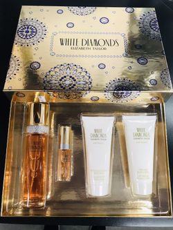 100% AUTHENTIC WHITE DIAMONDS BY ELIZABETH TAYLOR FOR WOMEN. LARGE SIZE GIFT SET INCLUDES 3.4OZ (100ML) PERFUME 3.4OZ BODY LOTION 3.4OZ BODY WASH AND