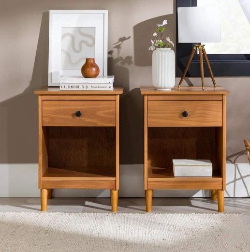 Set Of Two Carmel Mid Century Modern Style Nightstands (New In A Box)