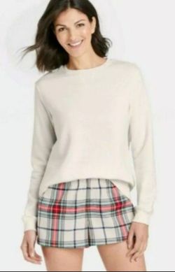 WOMEN'S WONDERSHOP PLAID FLANNEL PAJAMA SET SHORTS WHITE SWEATSHIRT BACKPACK SIZE   XS