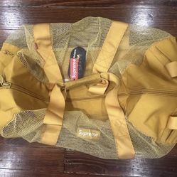 Supreme Yellow Mesh Net Gym Duffle Bag – 2 Straps – Silver Logo – Used