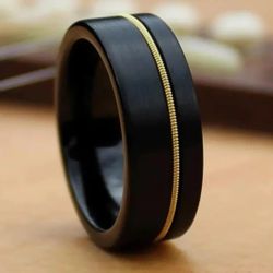 Men's 8mm Tungsten Brushed Black With Light Gold Guitar String Comfort-Fit Engagement Wedding Band 11