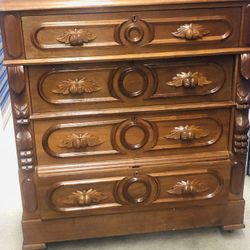 Antique  Early 1900’s Victorian  Hand Carved Handles  Solid Wood  43 Wide 53 Tall 5 Drawers