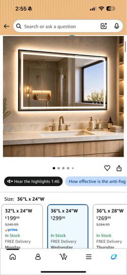 36"x24" LED Lighted Bathroom Mirror with Anti-Fog Backlit + Front Lit, Anti-Fog, Dimmable, 3 Colors, Memory, Tempered Glass, Horizontal/Vertical