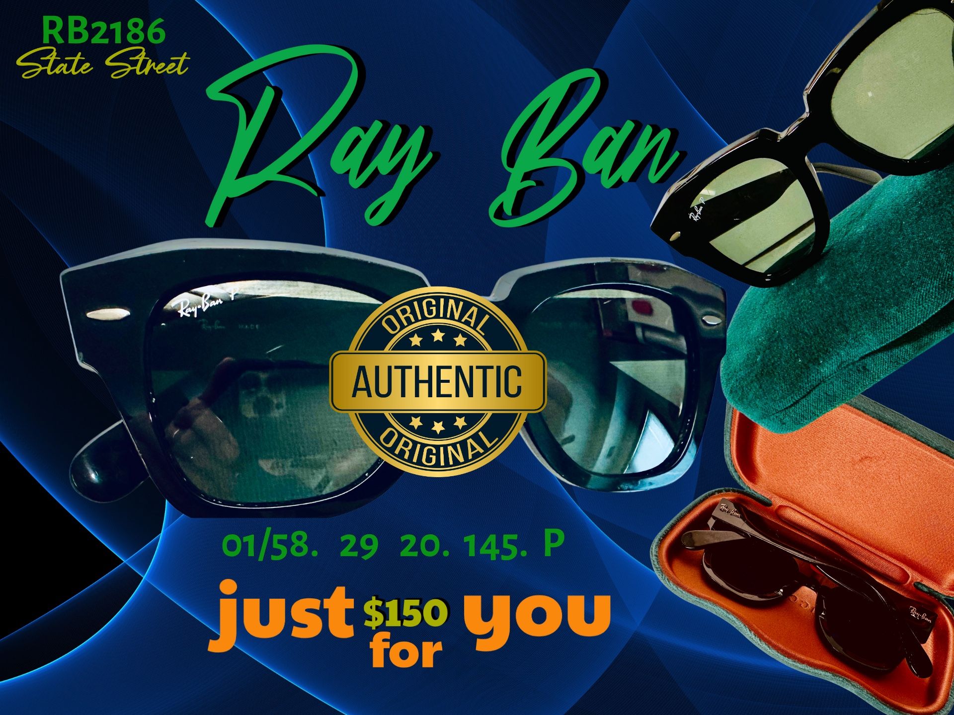 Ray Ban Authentic RB2186 Shiny Black 01/58 .29[ ]20  145 3P. Italy.