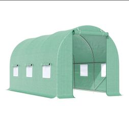 Outsunny 15' x 7' x 7' Walk-in Tunnel Hoop Greenhouse, Green House for Outside with PE Cover, Steel Frame, Roll-Up Zipper Door & Windows for Flowers, 
