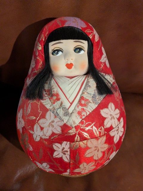 Vintage Japanese Hime Daruma roly-poly doll from the 1960s or 1970s?  Round doll with hand painted face and wrapped in gilded brocade fabric. About 10
