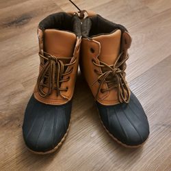 LANDS END Duck Boot Womens Rubber Tan Leather Padded Lace Up Rain Size 9