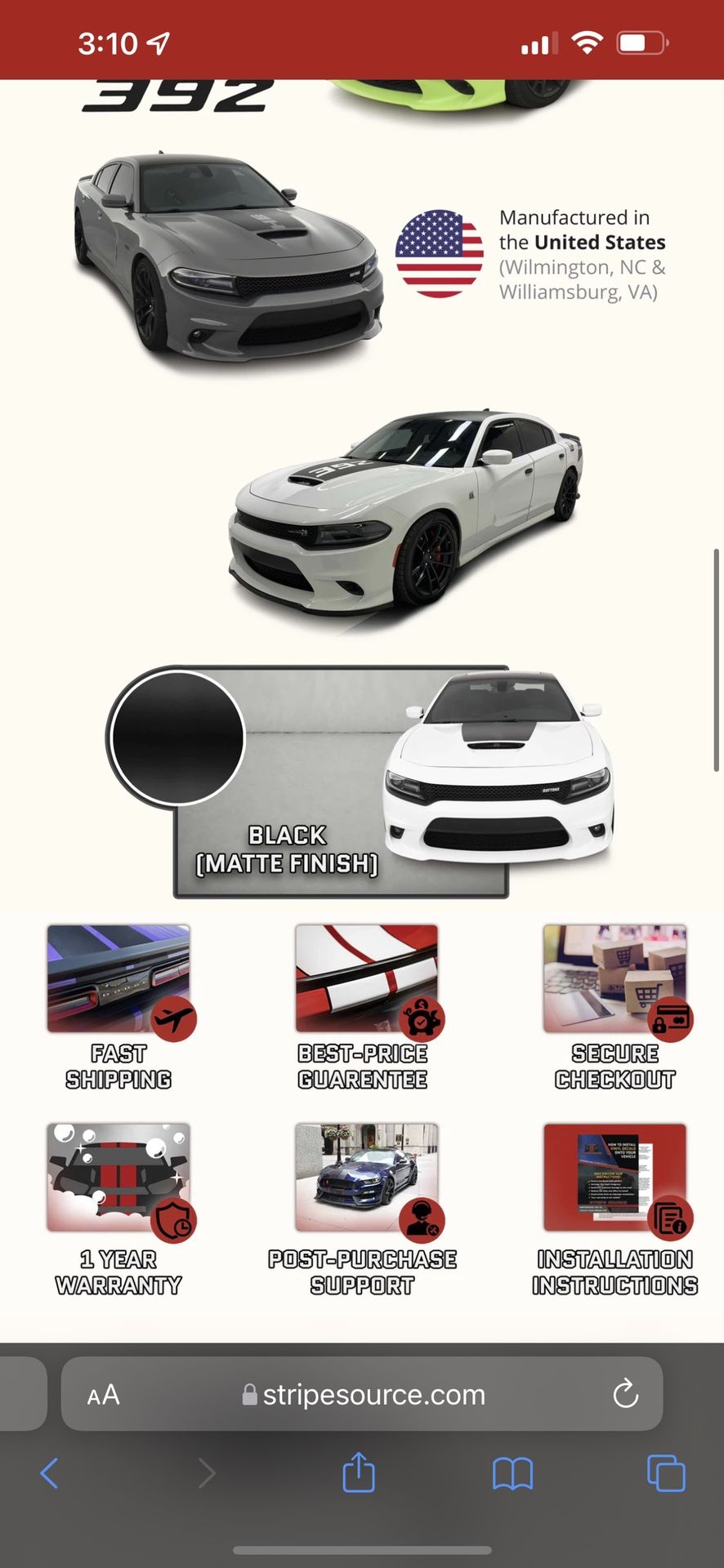 Dodge Charger Vinyl Wrap Matte White (Roof, Hood Hump, Tail Band)