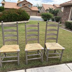 3 Farmhouse Wood Ladder Back Dining Chairs Woven Cane Rush Bottom Seat