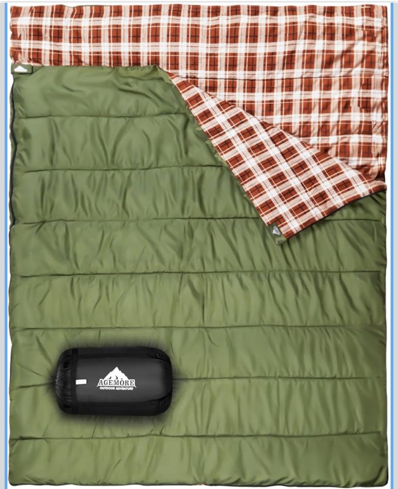 AGEMORE Cotton Flannel Double Sleeping Bag for Camping, Backpacking Or Hiking. Queen Size