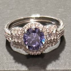 Blue and White Cubic Zirconia Sterling Silver Ring With Bands