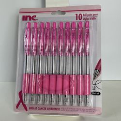 10 Pack Black Ink ClipClicks Breast Cancer Awareness Pink Ribbon Ball Point Pens