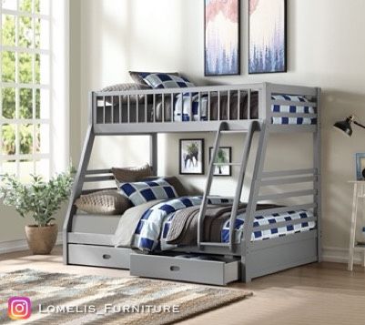 Twin/Full Gray Bunk bed w. Drawers & Ortho Mattresses Included 