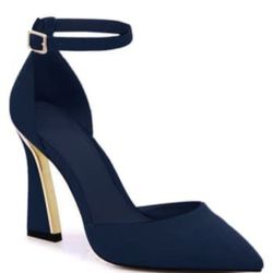 Juliet Holy Womens Pumps Point Closed Toe Heels Buckle Ankle Strap D'Orsay Blue, Gold Size 6.5 women