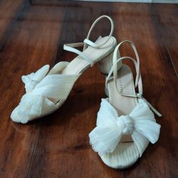 Loeffler Randall Camellia Pleated Bow Heels Ivory Ankle Strap Sandals Womens 6