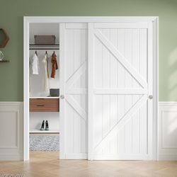 72x80in Sliding Closet Doors (Double 37in) White Bypass Closet Door,Easy Install Modern PVC Closet Doors with Hidden Track,Quiet Rollers,Solid Wood Co