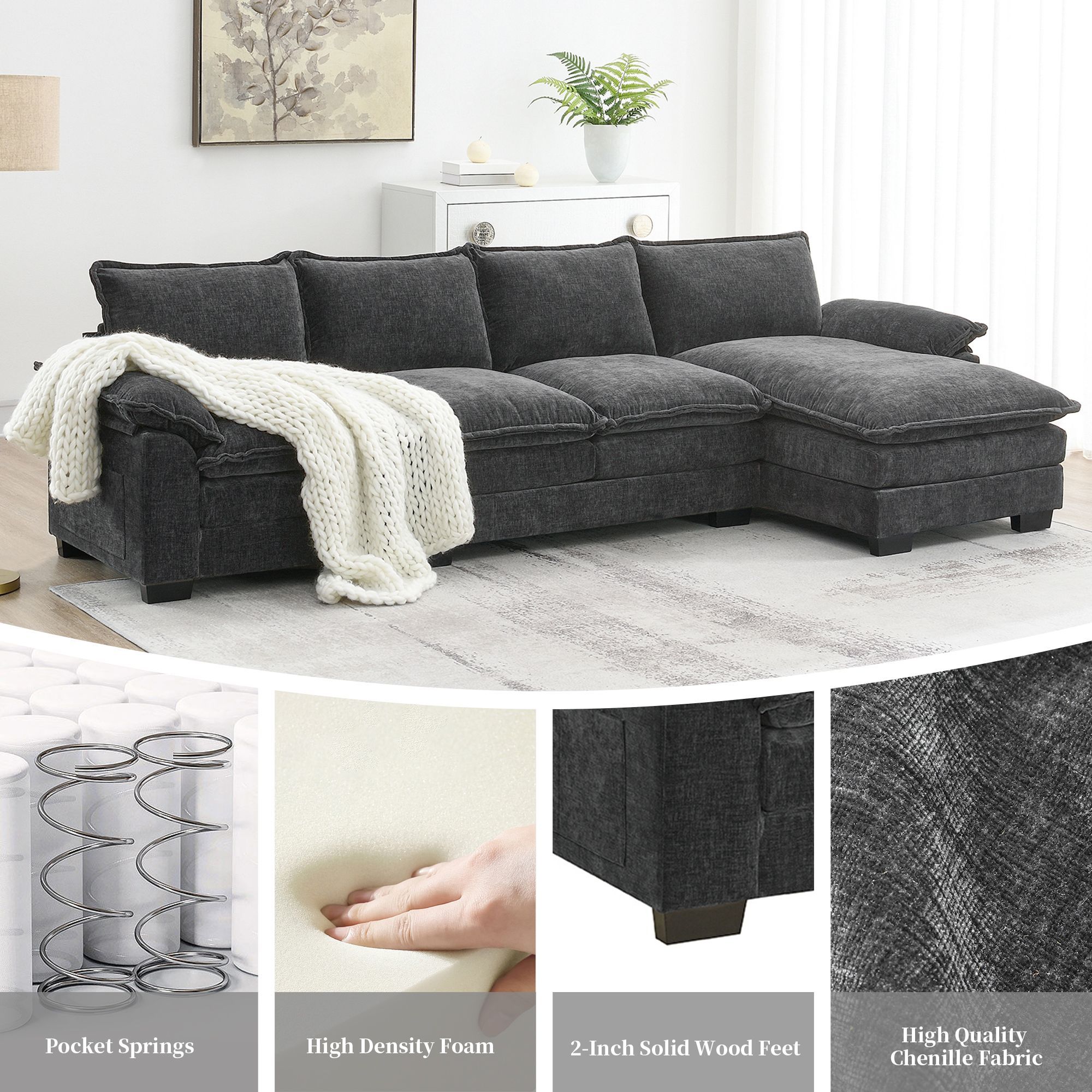 118*55 Modern L-shaped Chenille Cloud Sofa with Double Seat Cushions,5-seat Upholstered Indoor Furniture,Sleeper Sofa Couch with Chaise Lounge for Liv