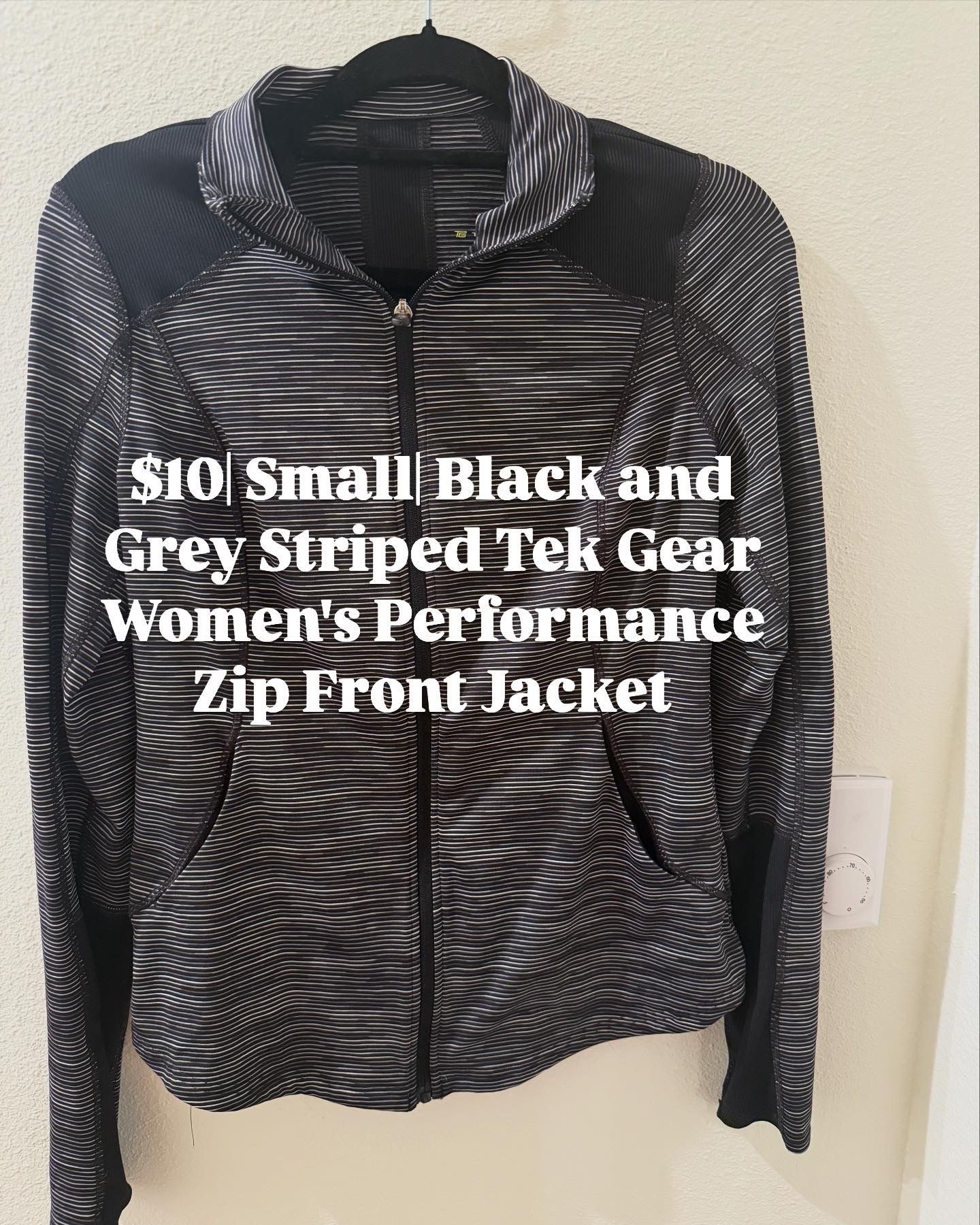 $10| Small| Black and Grey Striped Tek Gear Women’s Performance Zip Front Jacket