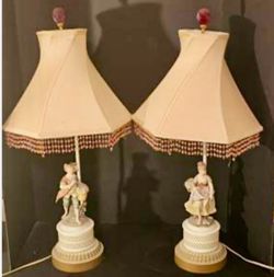 Vintage Working 3 way Ceramic Figurine Table Lamps with Beaded Shades