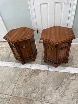 Two vintage exhexagon nightstand tables good condition