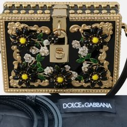 DOLCE GABBANA Runway Stunning  Plexiglass Black Gold Floral Crystals Box Purse