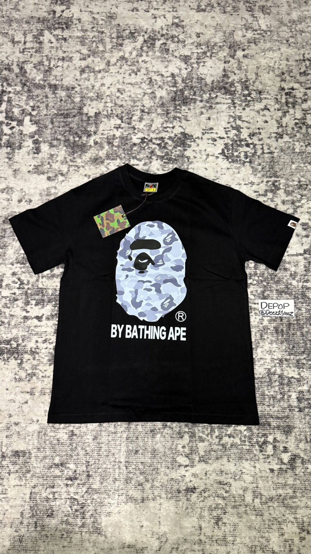BAPE black, white and grey camo print black streetwear tee •MENS size Large •brand new never worn, comes with bag   streetwear bape supreme fashion hy