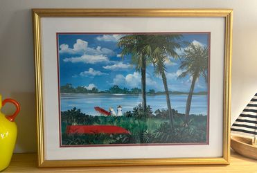 Large Custom Framed Southern Coastal Art Print - Red Bateaux & Palmettos