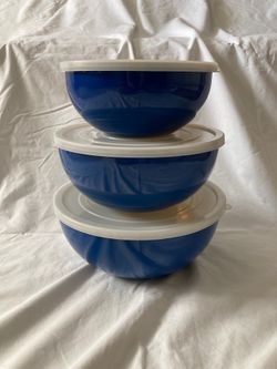 VTG Riva Designs Tulips Japan Enamelware Cobalt Blue Nesting Bowls