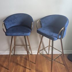 Brand New Pair of Blue Velvet & Gold Metal Counter / Bar Stools