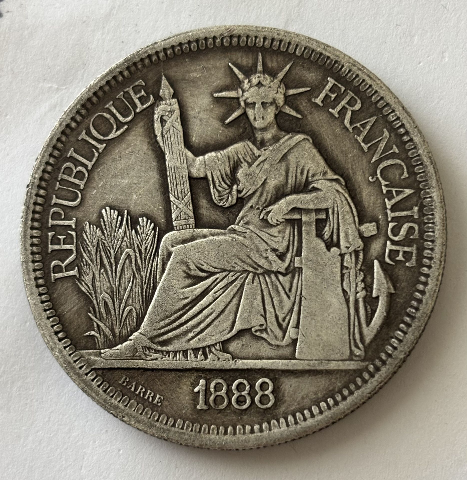 1888 French Indo China 1 Piastre Crown Size Silver Coin