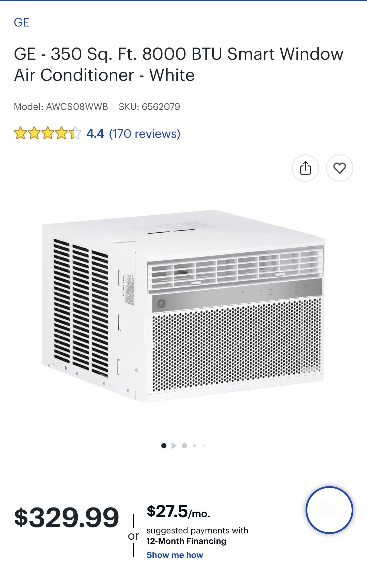 GE 350 Sq. Ft. 8000 BTU Smart Window Air Conditioner White