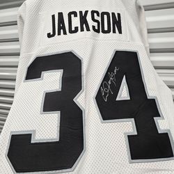 Vintage Autographed Bo Jackson L.A. Raiders NFL Mitchell And Ness White Away Football Jersey