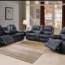 Black Leather Recliner Set Include Sofa, Loveseat And Chair New In Sealed Packaging 