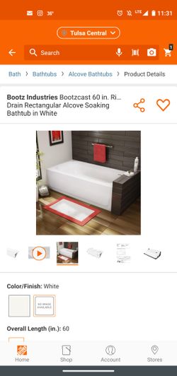 New in the box 60" Bootz industries insolated bath tub drain white alcove soaking