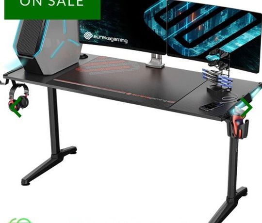 Eureka Ergonomic® Gaming Computer Desk 55" Home Office Gaming PC Table , I-Shaped Game and Work Station with New Polygon Legs Design, RGB LED Lights,