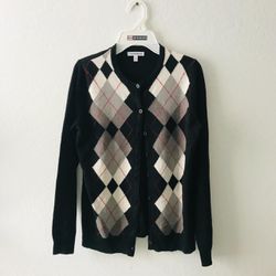 Black Argyle Knit Golf Sweater Cardigan
