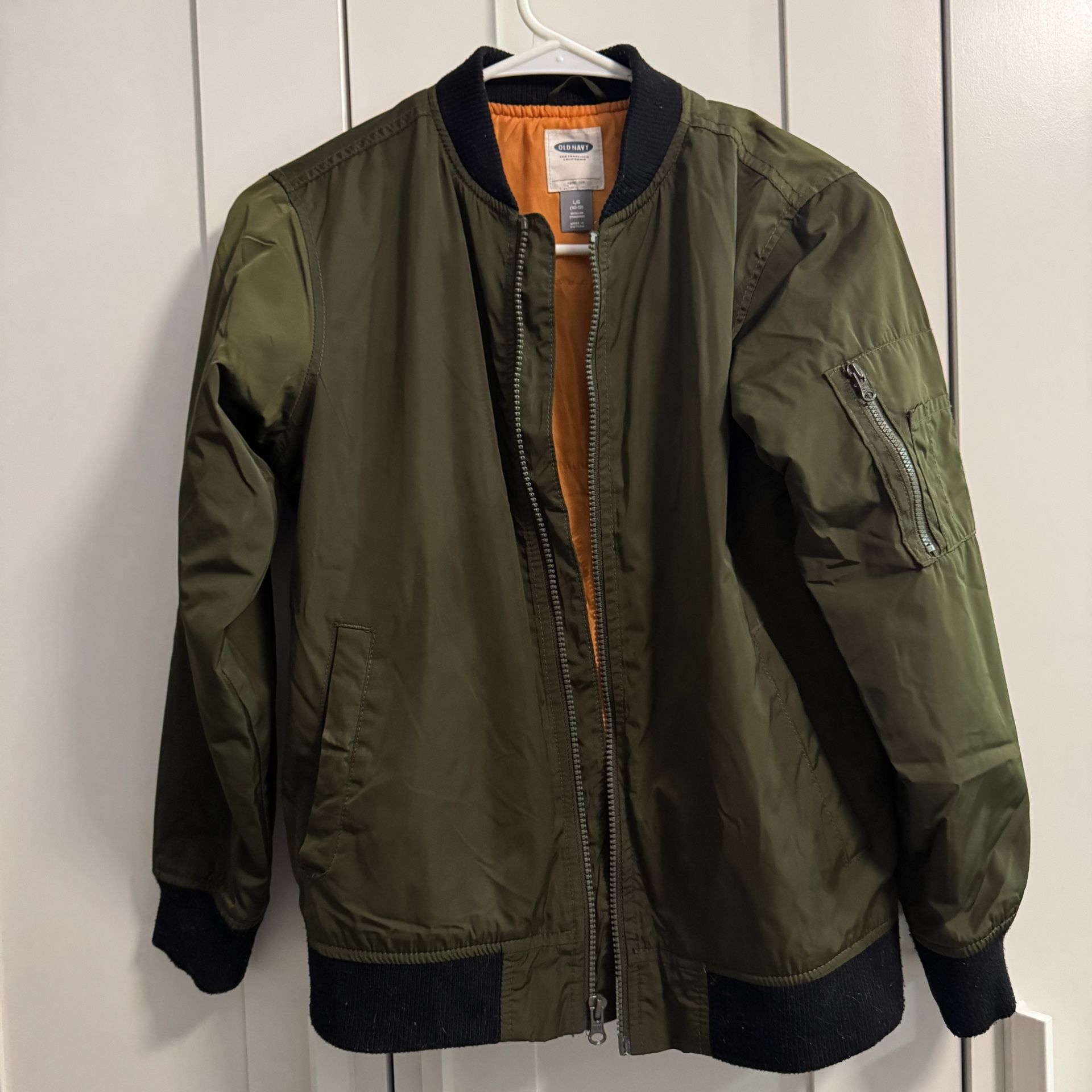 Old Navy Boys Bomber Style Jacket Size 10-12 Green With Orange Lining