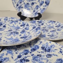 Godinger Antique Reflections Blue Floral Plates Set of 6 Gold Trim