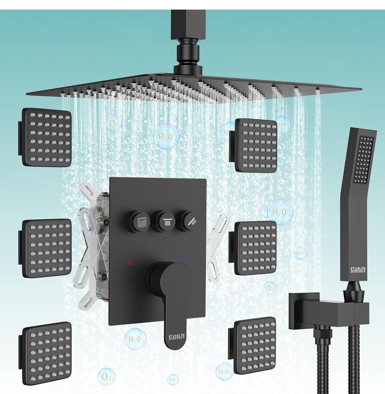 Brand New In The Box- Shower Jets System in Wall, STARBATH 12 Inch Ceiling Mount Rainfall Shower System with Handheld Spray and 6 Body Jets, Can Run A